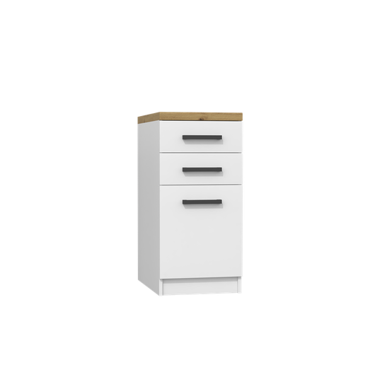 Moderni balta spintelė su 3 stalčiais ir rudo stalviršiu