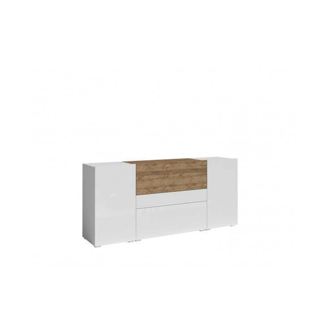 Erdvi 4 durų komoda balta su sandalinio ąžuolo apdaila