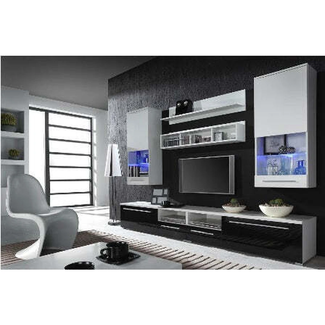 Moderni spintelė su stiklo įterpiais ir blizgiu MDF