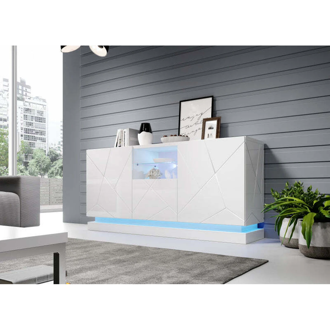 Šiuolaikinė blizgi MDF komoda su frezuotais fasadais