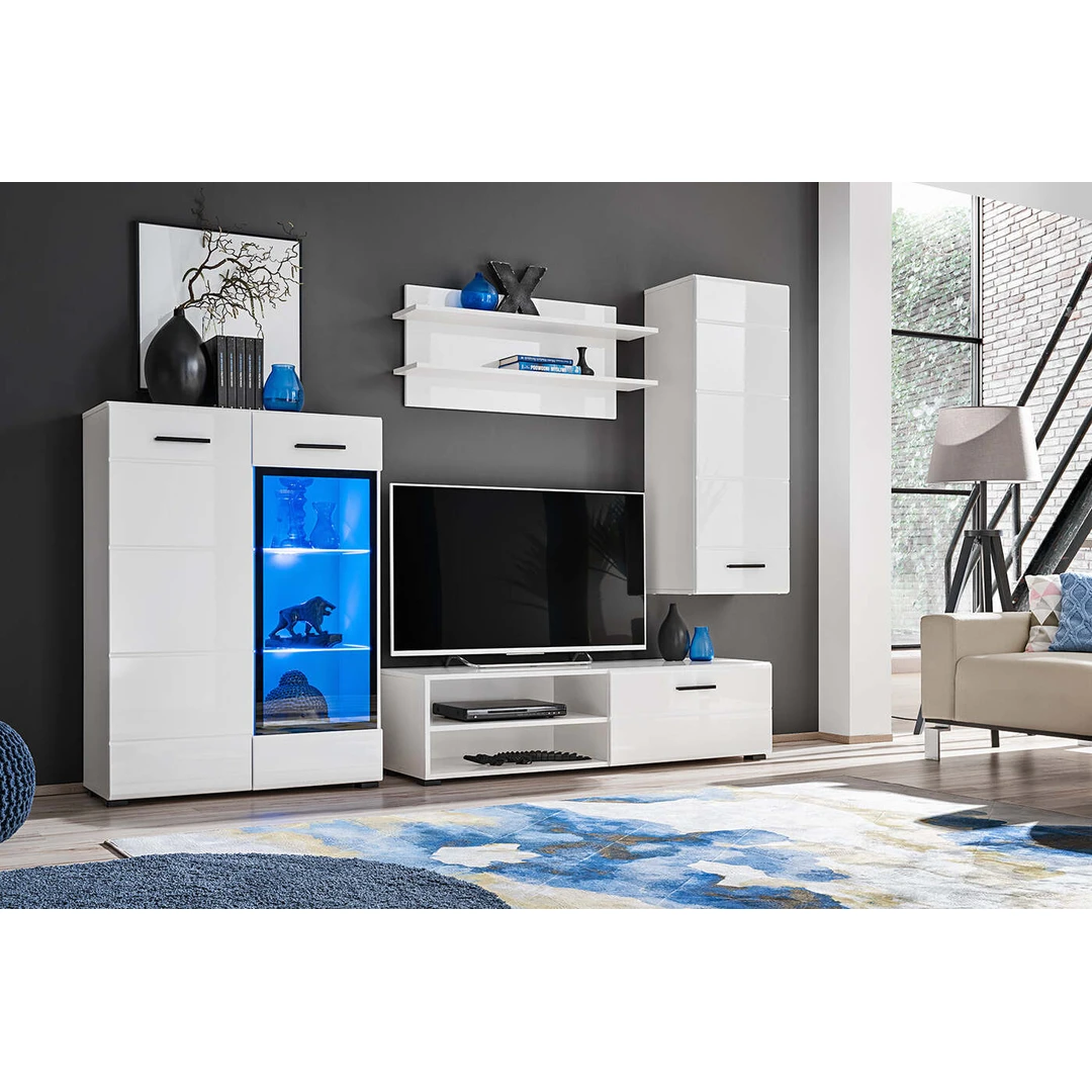 Šiuolaikiškas baltas spintas su LED apšvietimu ir stiklo įterpiais