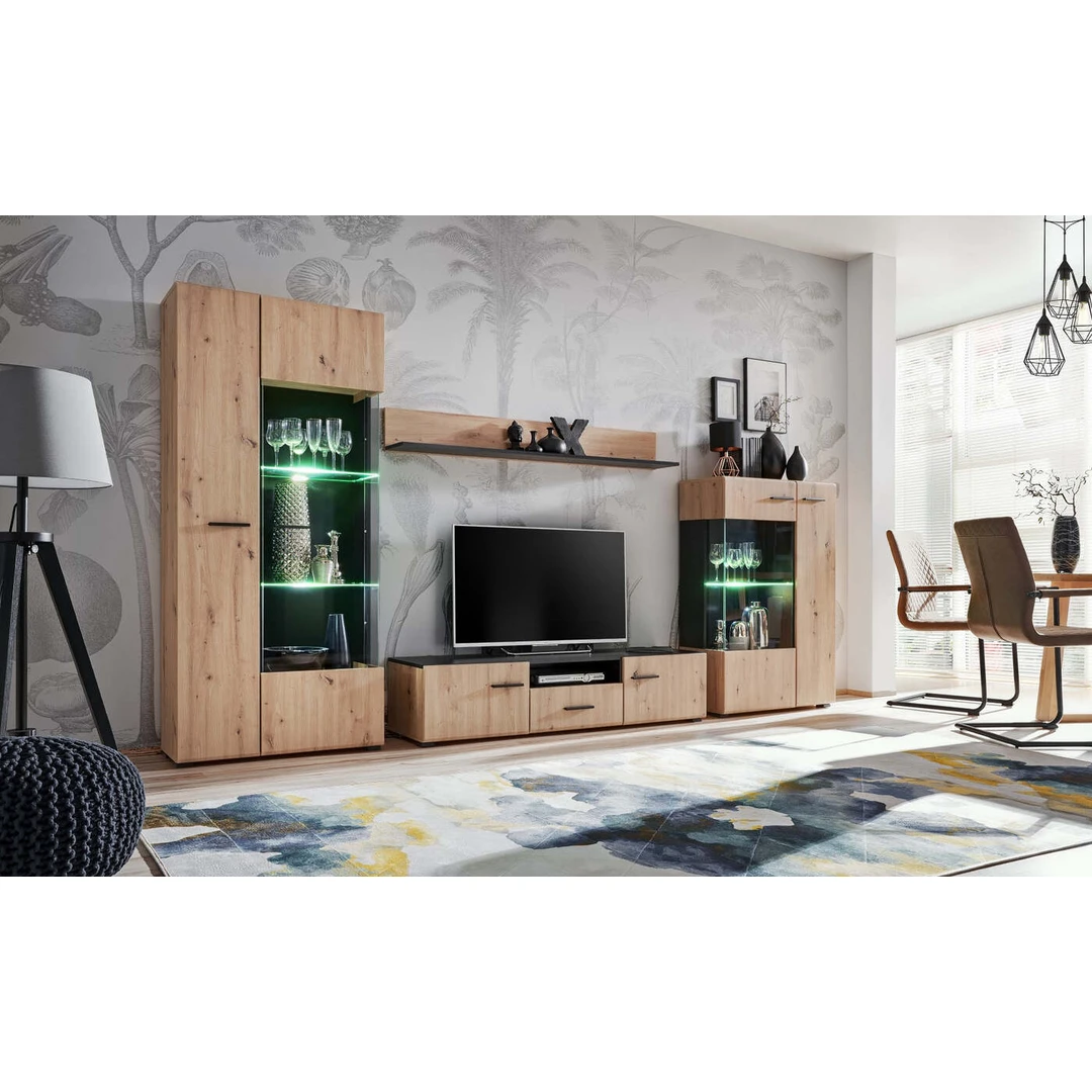 Modernus stiklinis spinta su LED apšvietimu ir ąžuolo dekoru