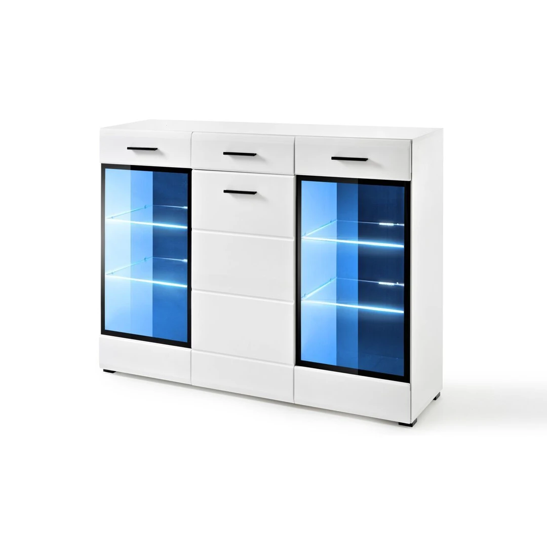 Šiuolaikiška baltų spalvų spinta su blizgiu MDF priekiu