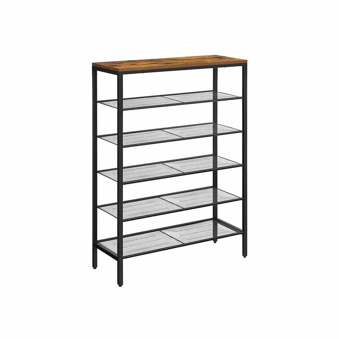 Vintažinė ruda-juoda batų lentyna iš medžio drožlių plokštės ir plieno