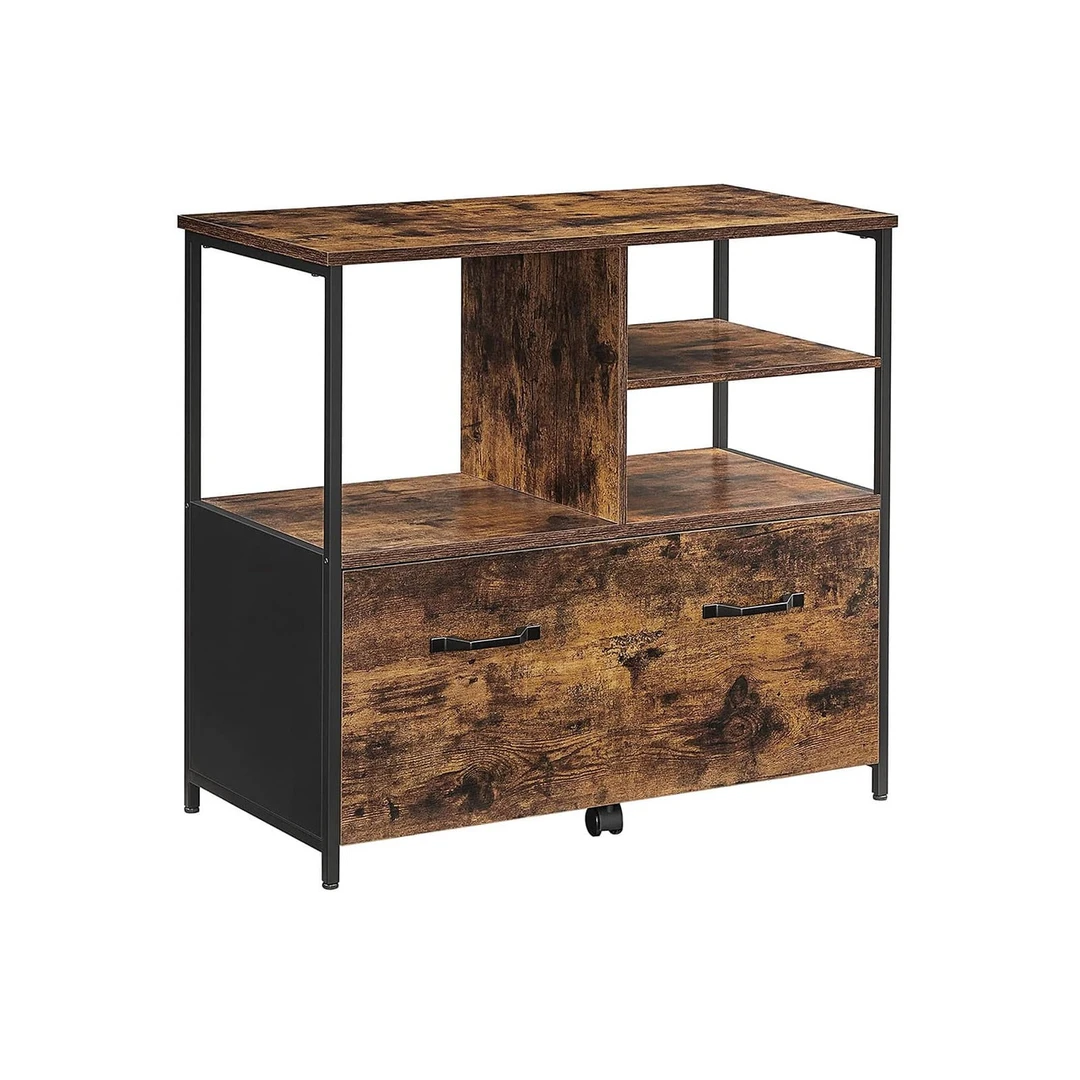 Vintažinė ruda-juoda kartotekų spintelė su plieno ir medžio drožlių plokštės konstrukcija