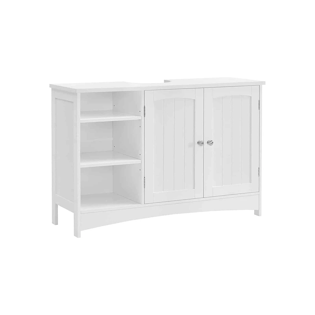 Balta kosmetinė spintelė su chromuotomis rankenomis