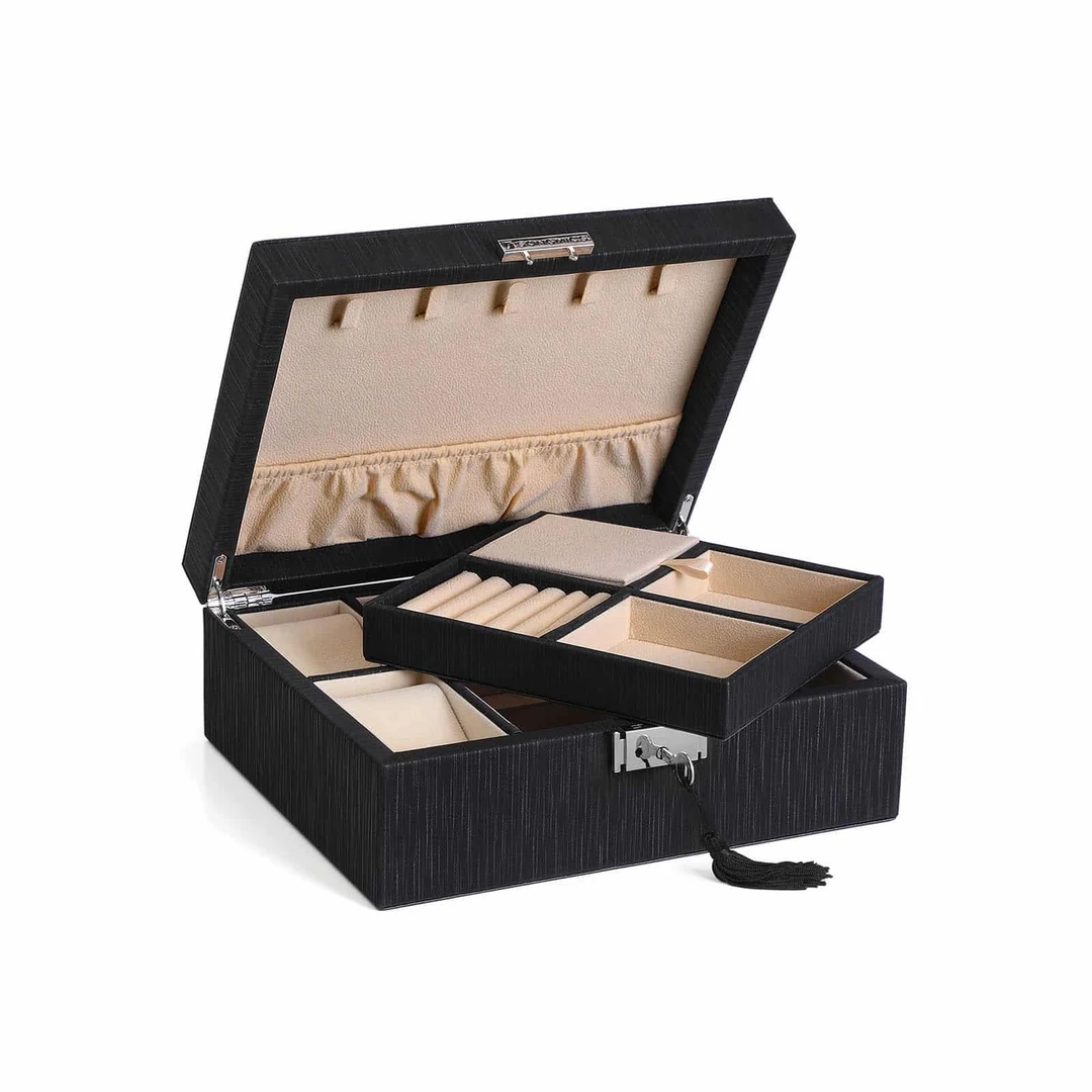Stilinga papuošalų dėžutė su juoda sintetine oda