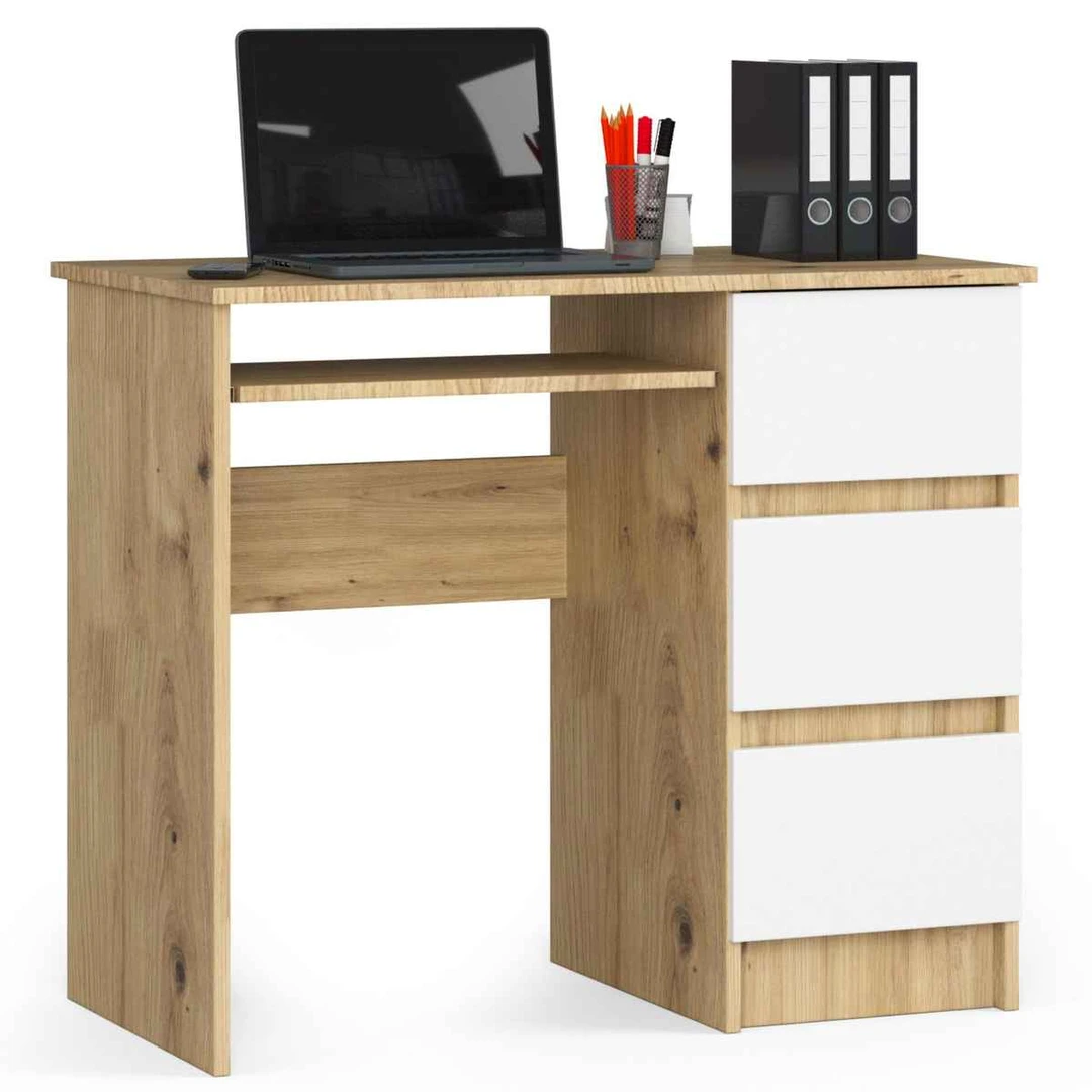 Rašomasis stalas A-6 CLP, dešininis, 3 stalčių, ąžuolo/baltos spalvos, 90 × 77 × 50 cm - Darbo stalai