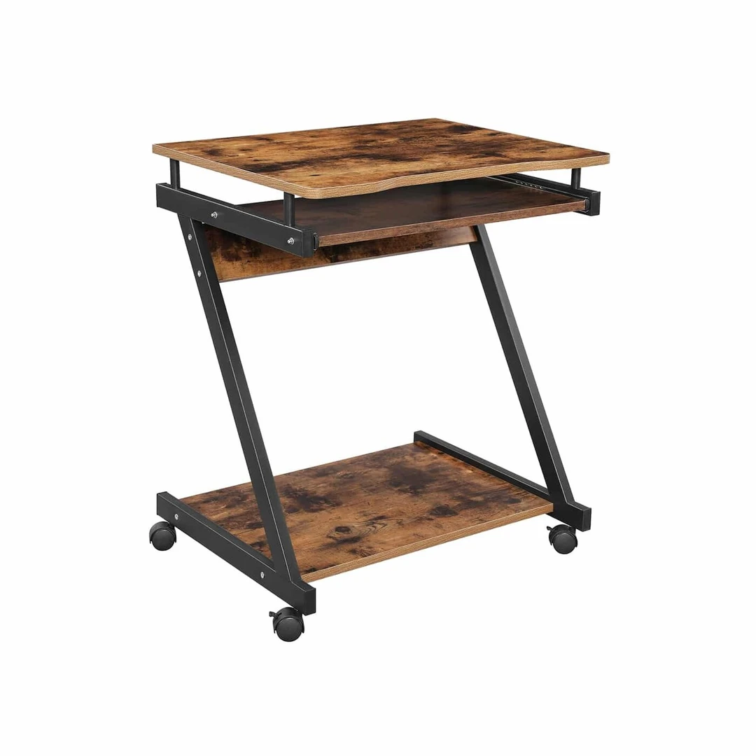 Vintažinis ruda-juodas kompiuterio stalas su plieno ir medžio drožlių plokštėmis