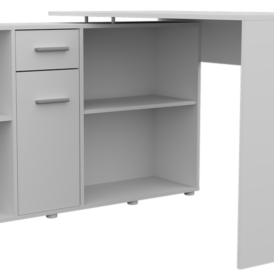 Kampinis rašomasis stalas su niša ir stalčiais