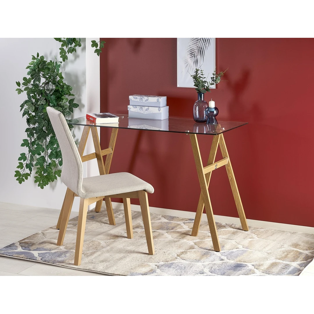 Elegantiškas stiklo stalas su medaus ąžuolo plienu