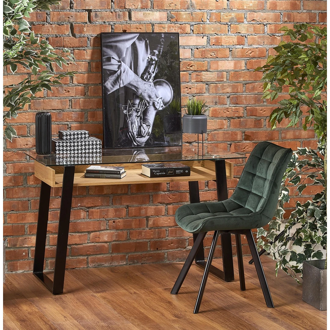 Stiklinis stalas su auksinio ąžuolo ir juodos spalvos detalėmis