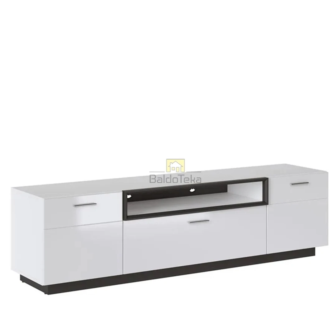 Stylaus baltų ir juodų spalvų spinta su metališkais rankenėlėmis