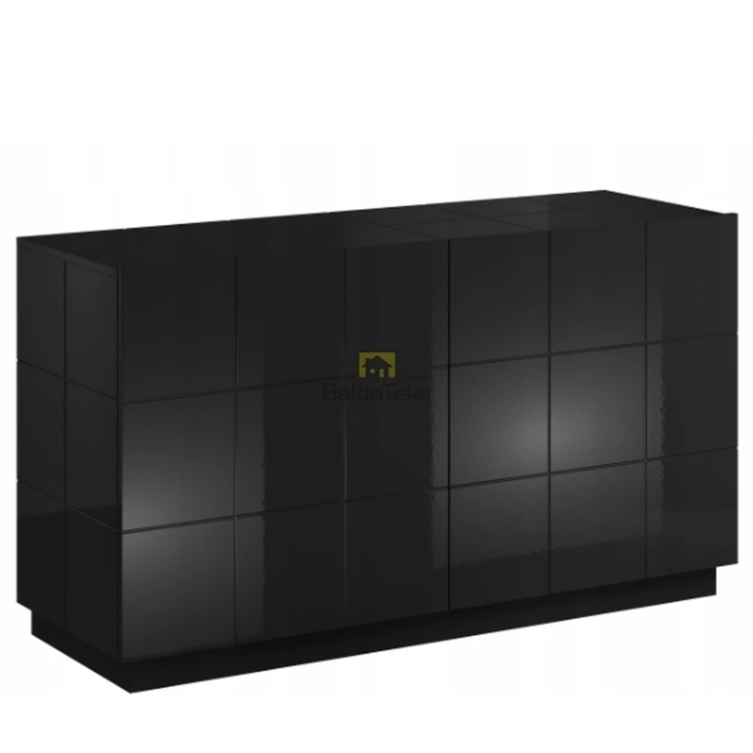 Moderni juoda blizgi TV spinta su apšvietimu ir reguliuojamomis kojelėmis