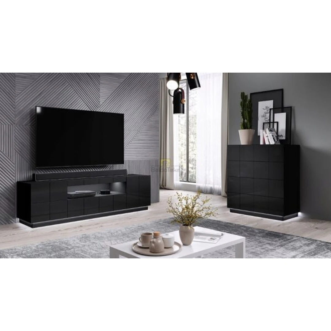 Moderni juoda blizgi spintelė su apšvietimu