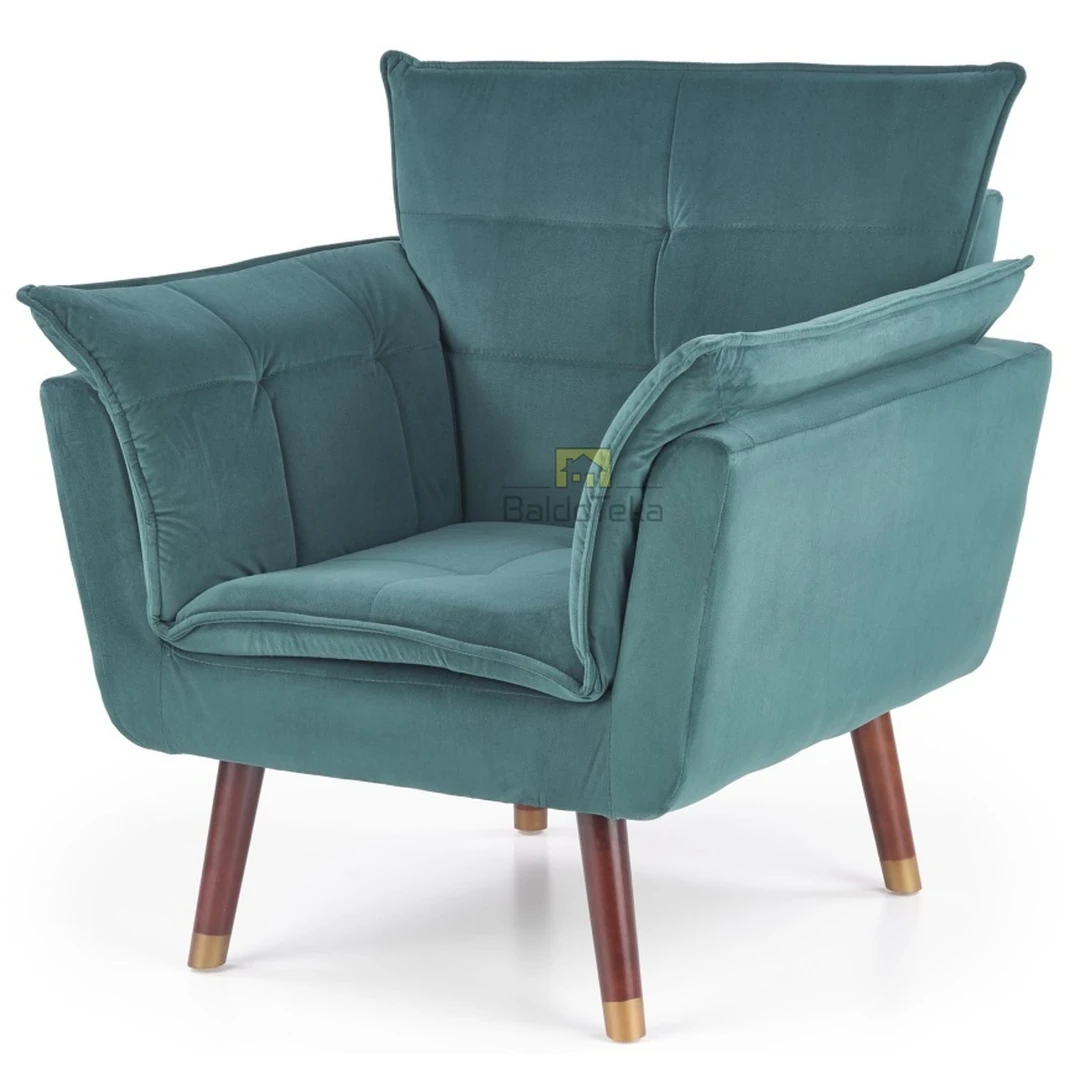 Ergonominė žalio gobeleno kėdė su natūraliu medžiu