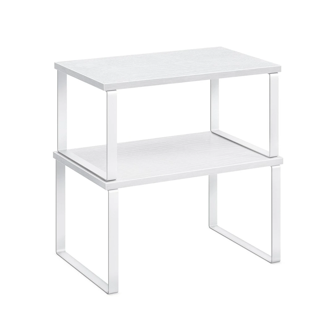 Baltos virtuvės lentynos – rinkinys iš 2 vnt.Elegantiškos baltos virtuvės lentynos – 2 vienetaiVirtuvės lentynų rinkinys – baltos, metalas ir medis