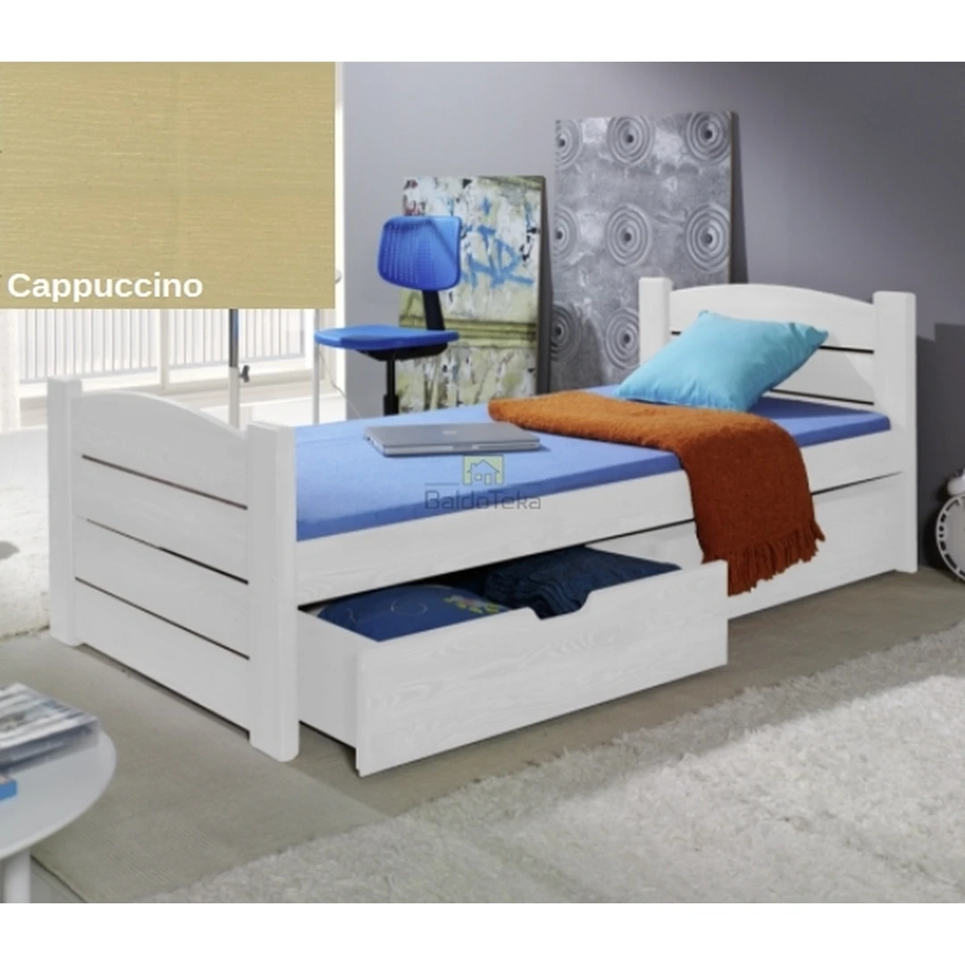 Moderni pušinė lova su stalčiais ir čiužiniu