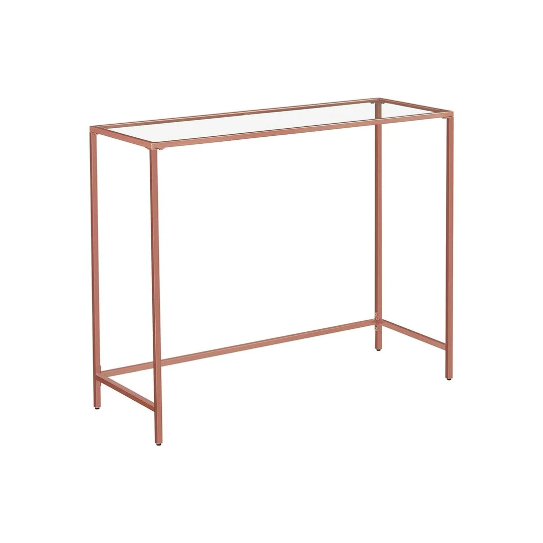 Rožinio aukso metalinis konsolinis staliukas su stiklo danga