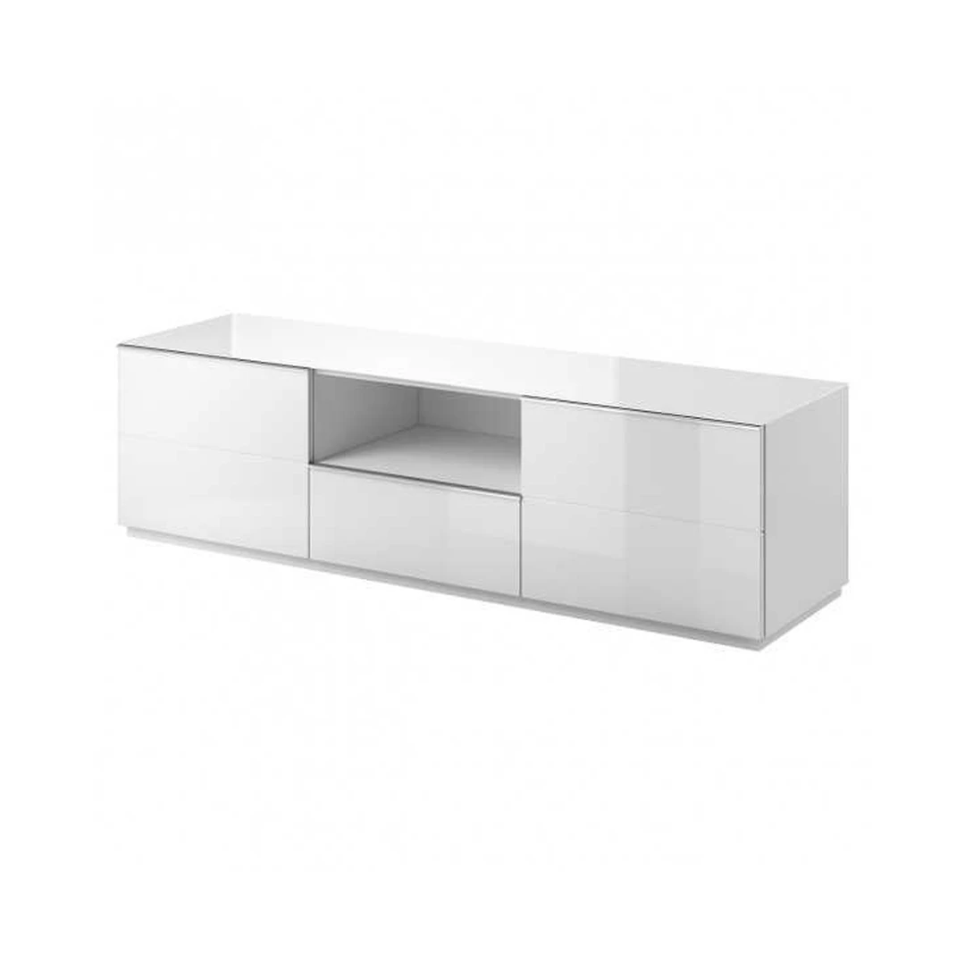 Modernus baltas TV stendas su stiklu ir LED apšvietimu