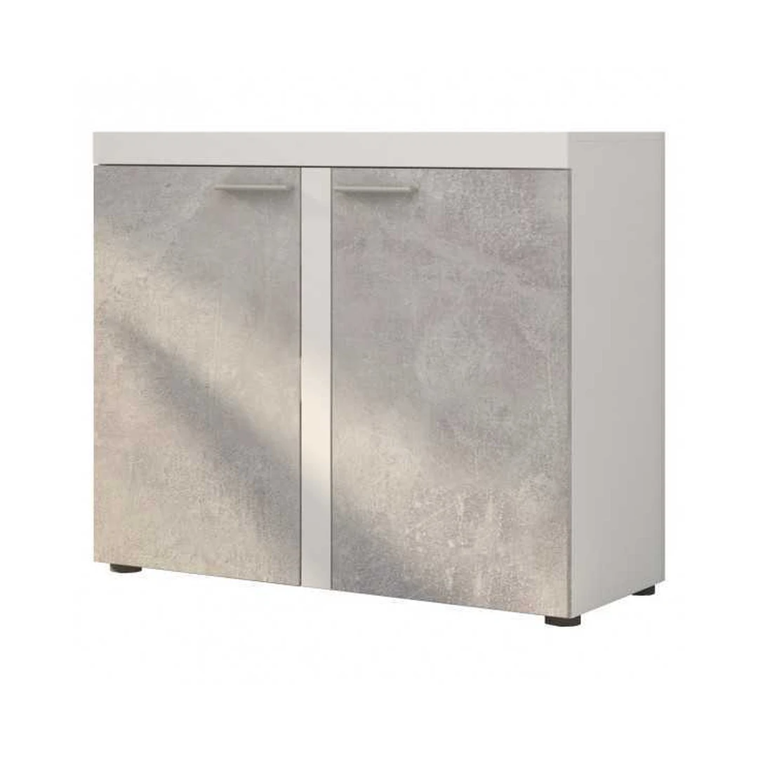 Šiuolaikiška balta spintelė su šviesaus betono atspalviu