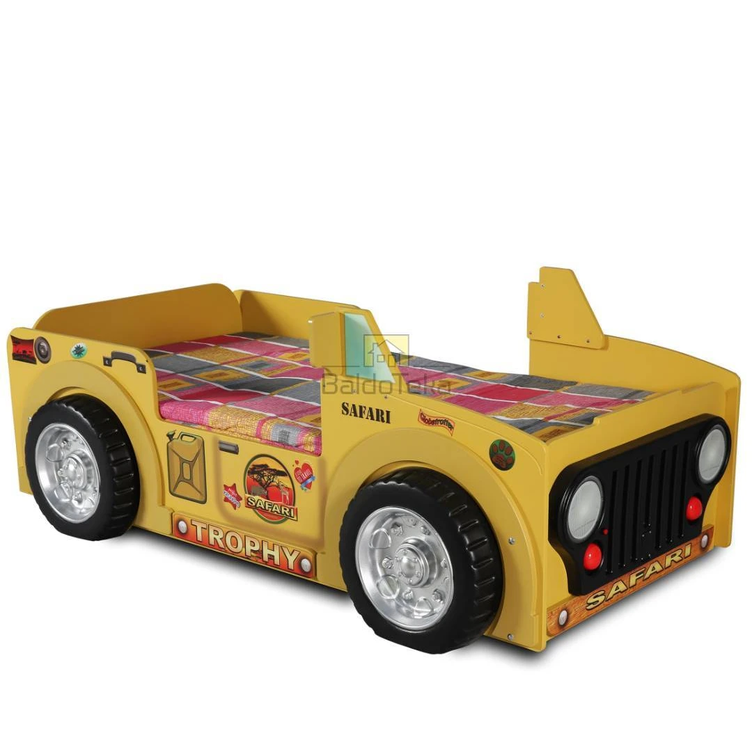 Ergonomiška geltona lova su tvirtomis medinėmis grotelėmis