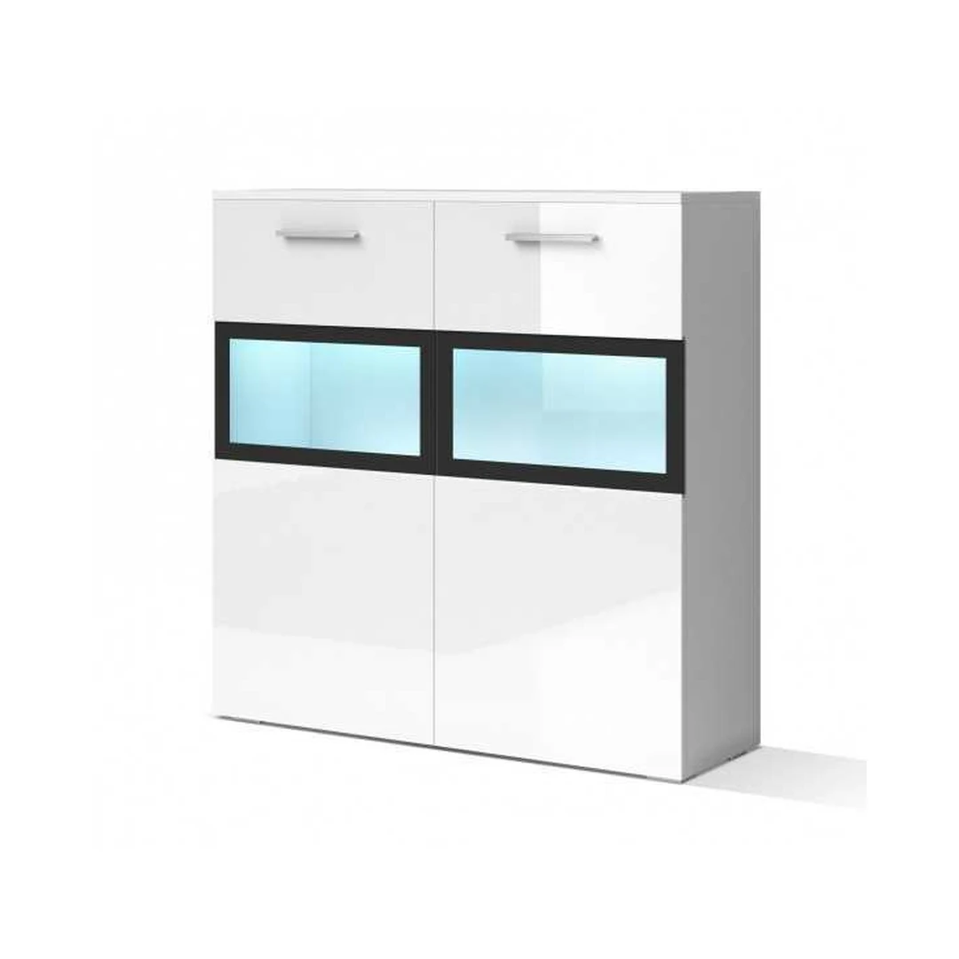 Šiuolaikiški balti baldai su juodais rėmeliais ir LED apšvietimu