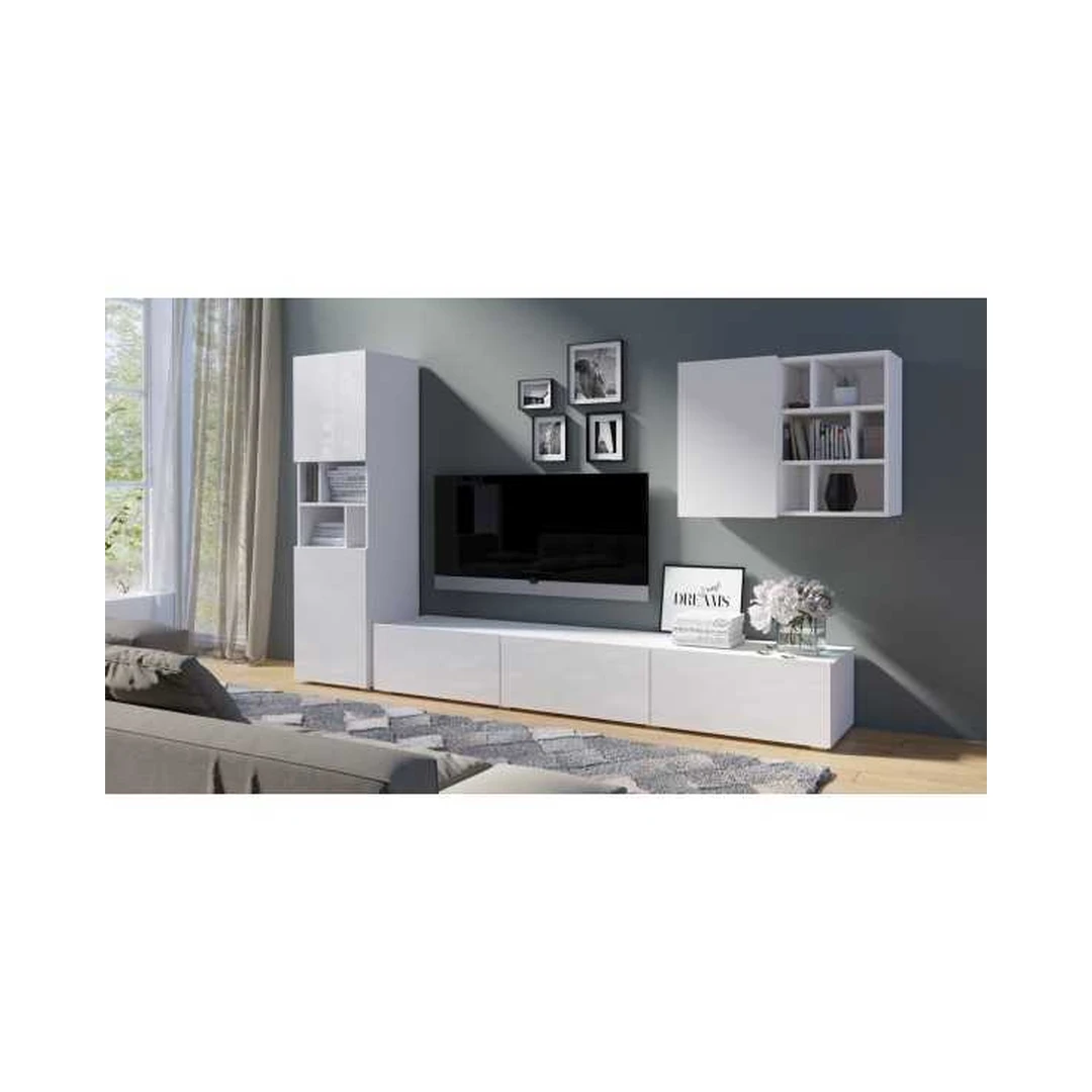 Moderni RTV spintelė „Aksel“ – 210 cm pločio, baltos blizgios spalvos