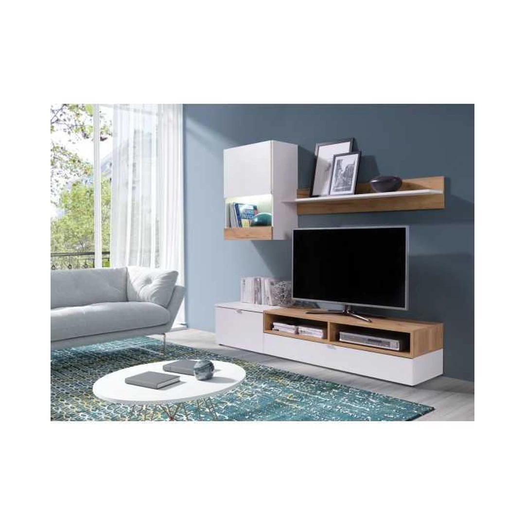 Šiuolaikiška sieninė sistema su spintele, lentyne ir RTV komoda