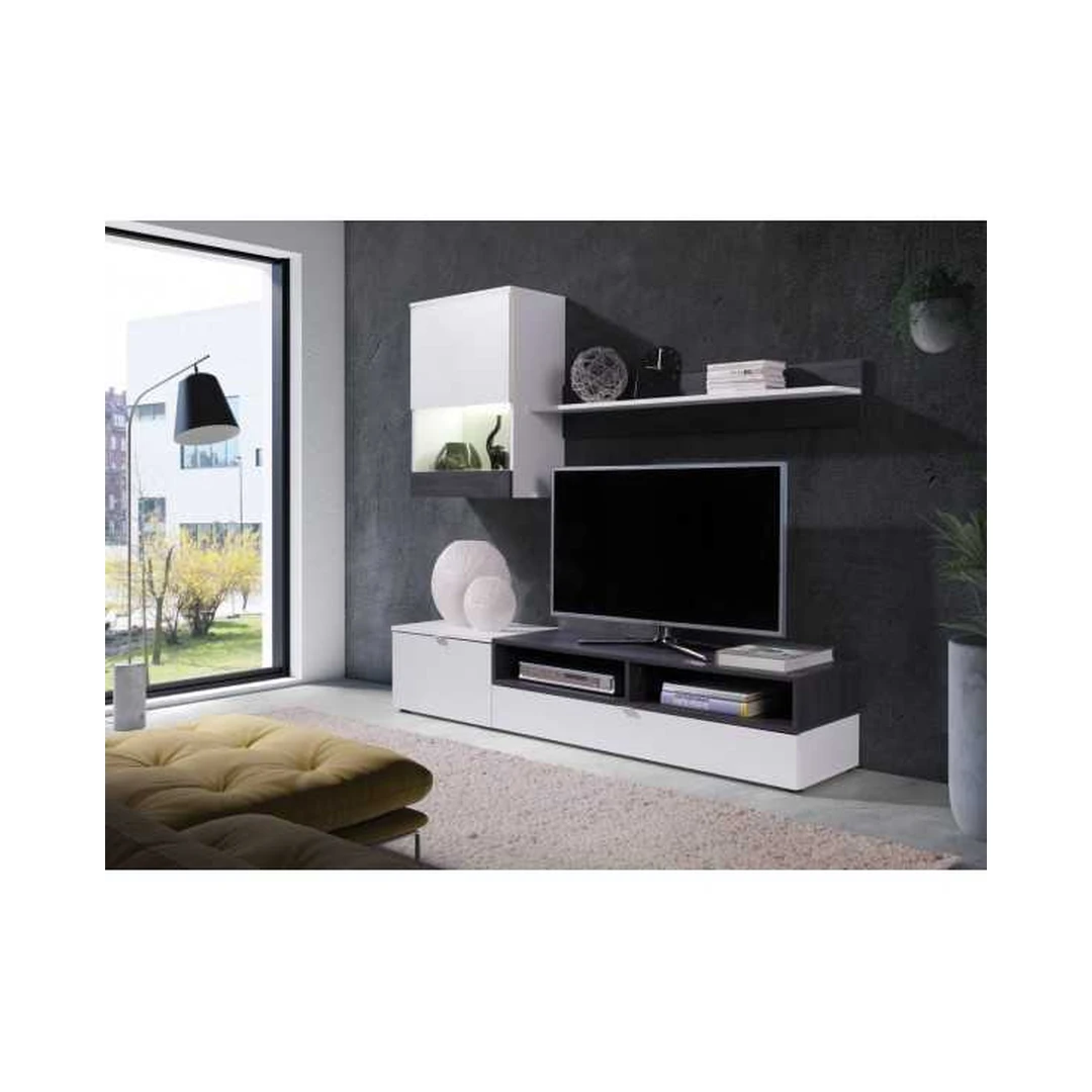 Šiuolaikinė sieninė spinta su pakabinama lentyna ir RTV komoda