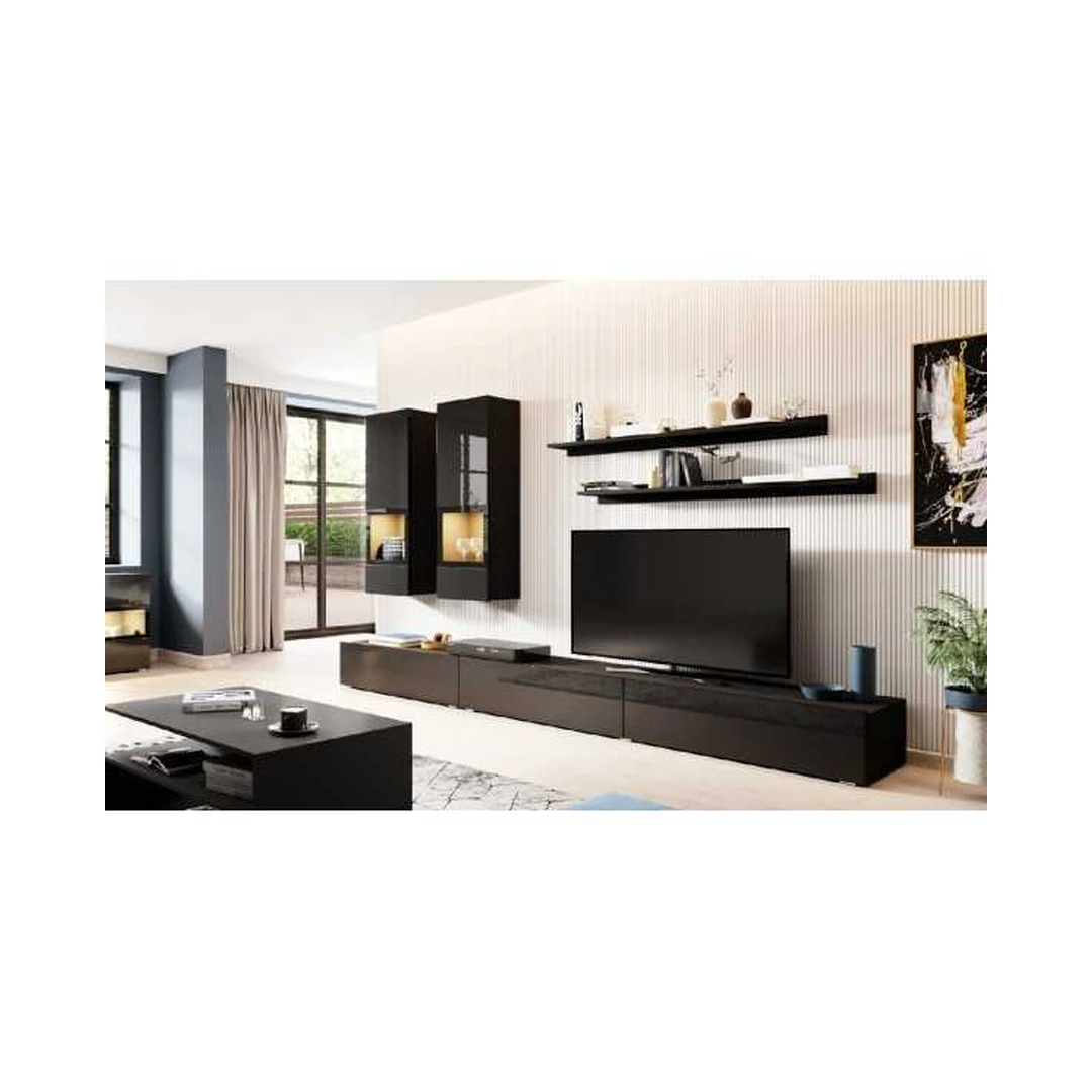 Modernus juodos spalvos TV spintelių rinkinys su LED apšvietimu