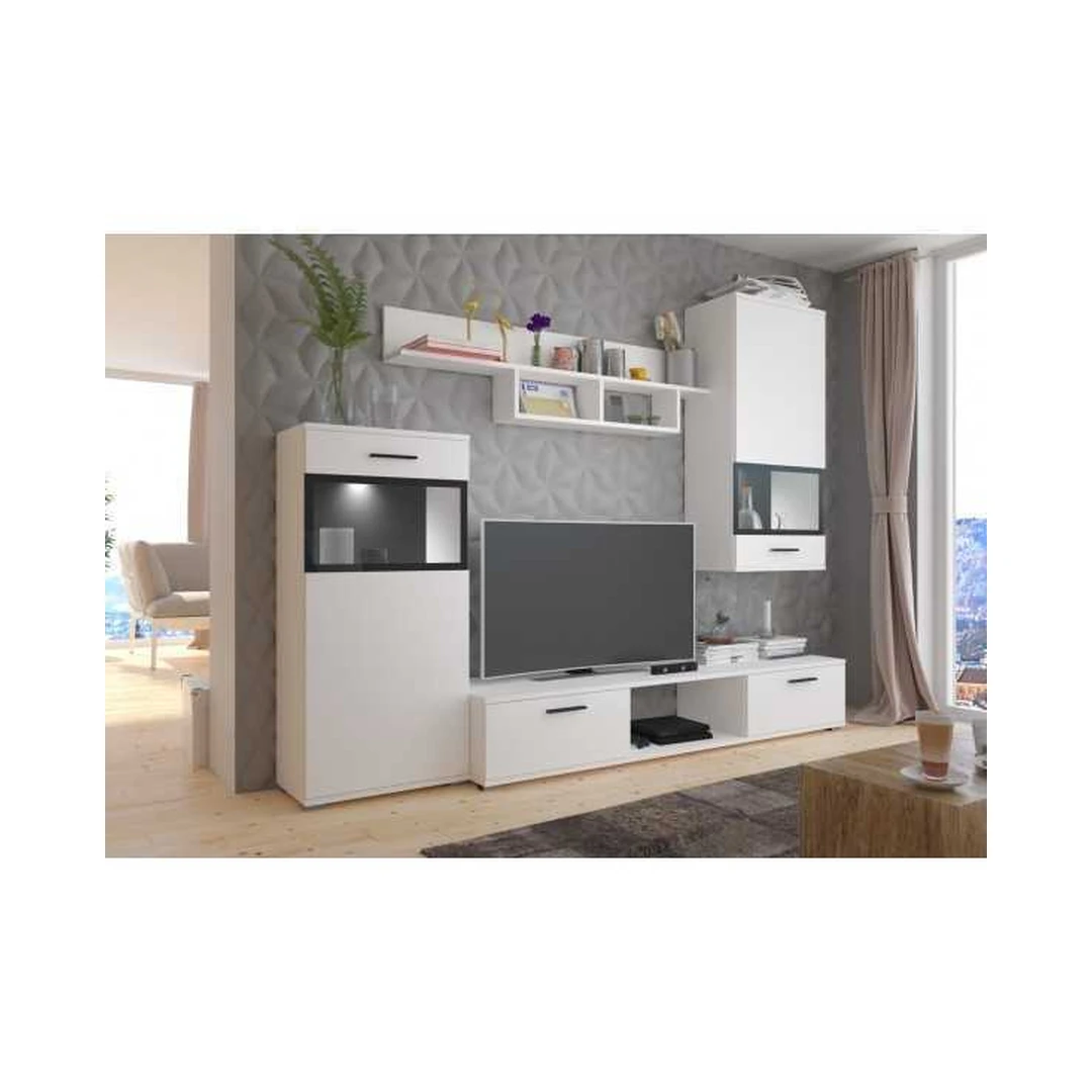 Šiuolaikiškas sieninis blokas su indauja, lentyna ir RTV komoda