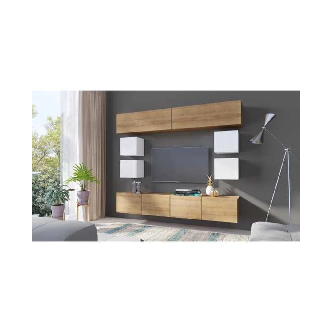 Modernus gabaritinis baldų komplektas su pakabinamomis lentynomis ir spintelėmis