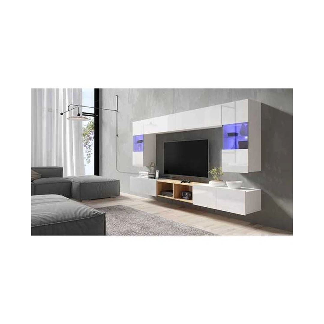 Modernus pakabinamų spintų komplektas su stiklo įterpiais