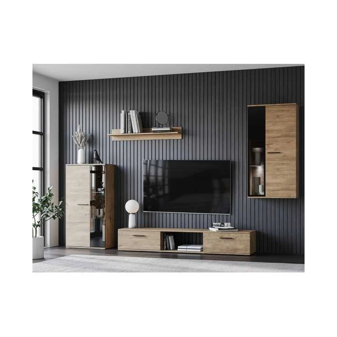 Modernus sieninis blokas su vitrina ir LED apšvietimu