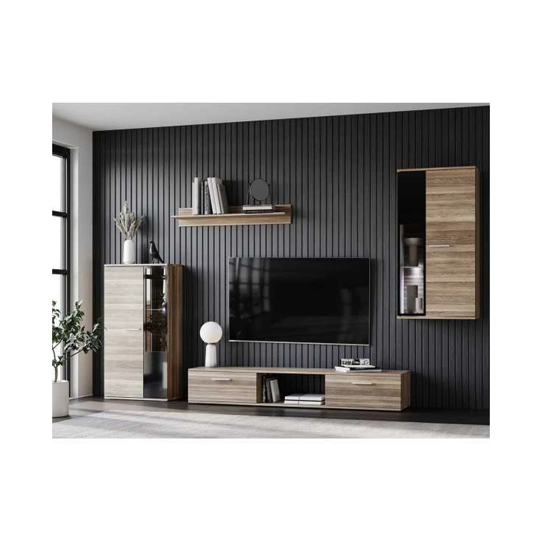 Gabaritiniai sieniniai baldų komplektai su vitrina ir spintelėmis