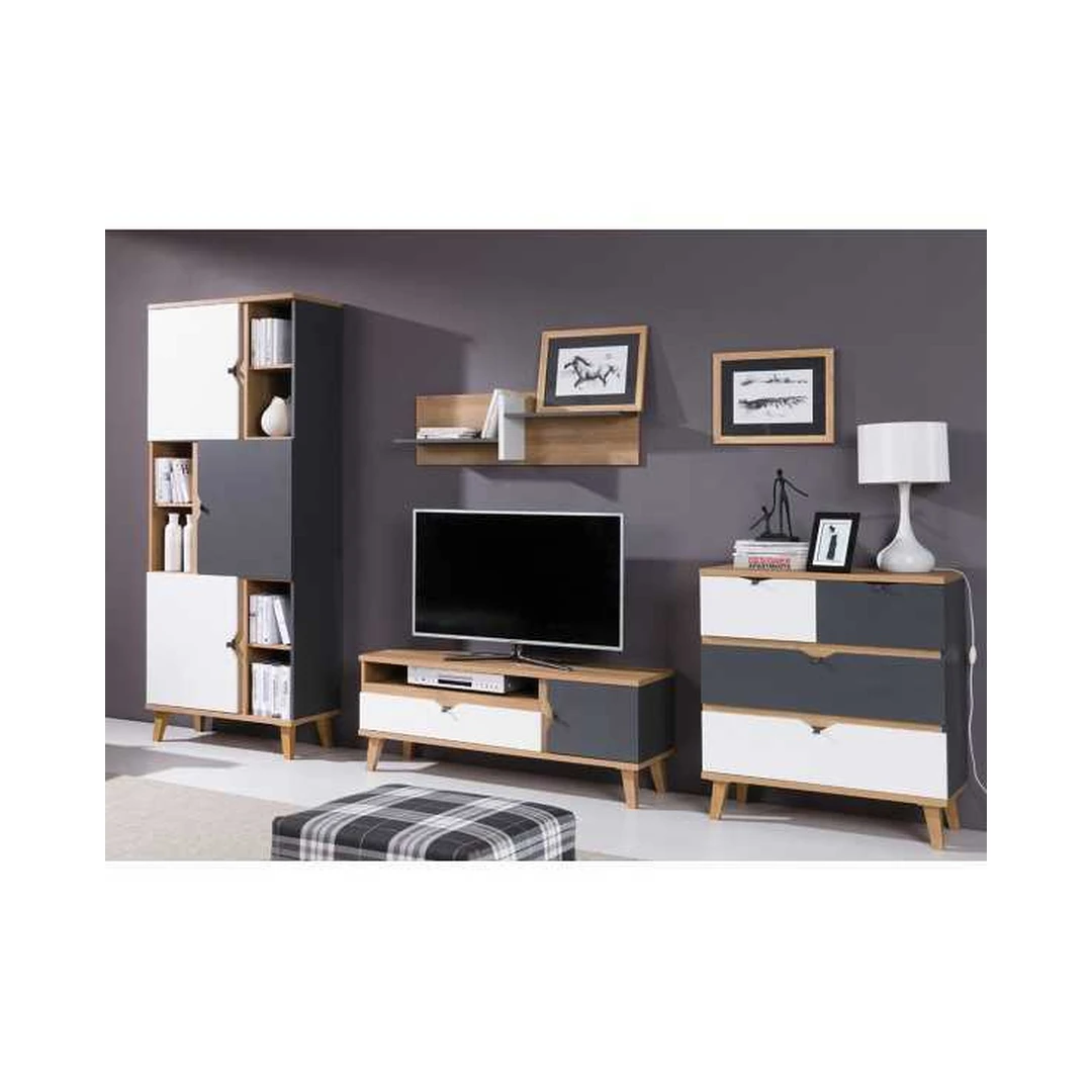 Modernus baldų rinkinys auksiniu ąžuolu ir balta spalva