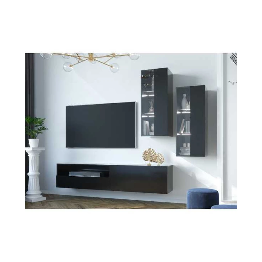 Moderni juoda TV spintelė su pakėlėjais