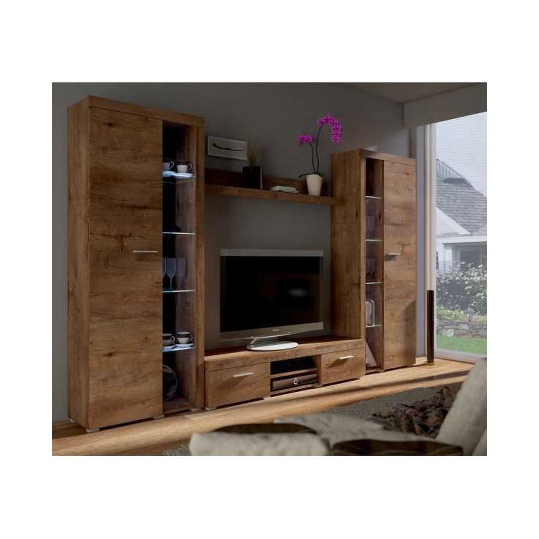 Modernus RTV komplektas su LED apšvietimu ir ąžuolinės lefkos spalva