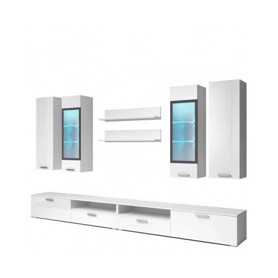 Šiuolaikiški balti baldai su juodais rėmeliais ir LED apšvietimu