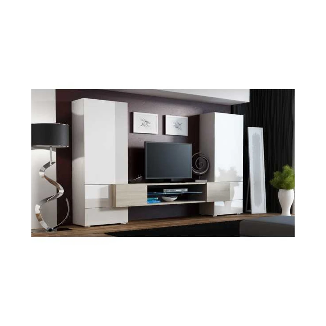 Moderni TV spinta su LED apšvietimu ir stiklo lentynomis