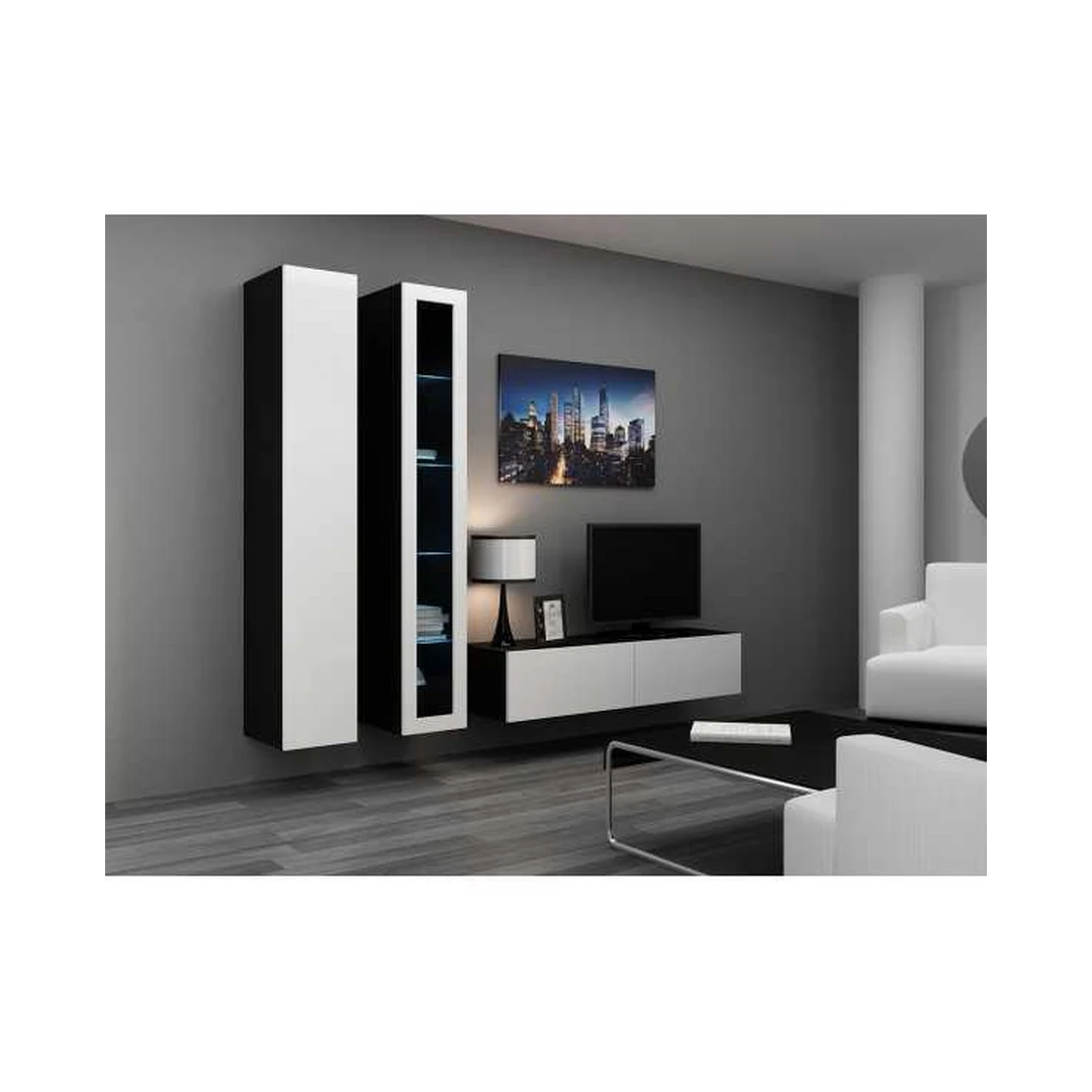 Moderni juoda ir balta TV spinta su vitrinomis