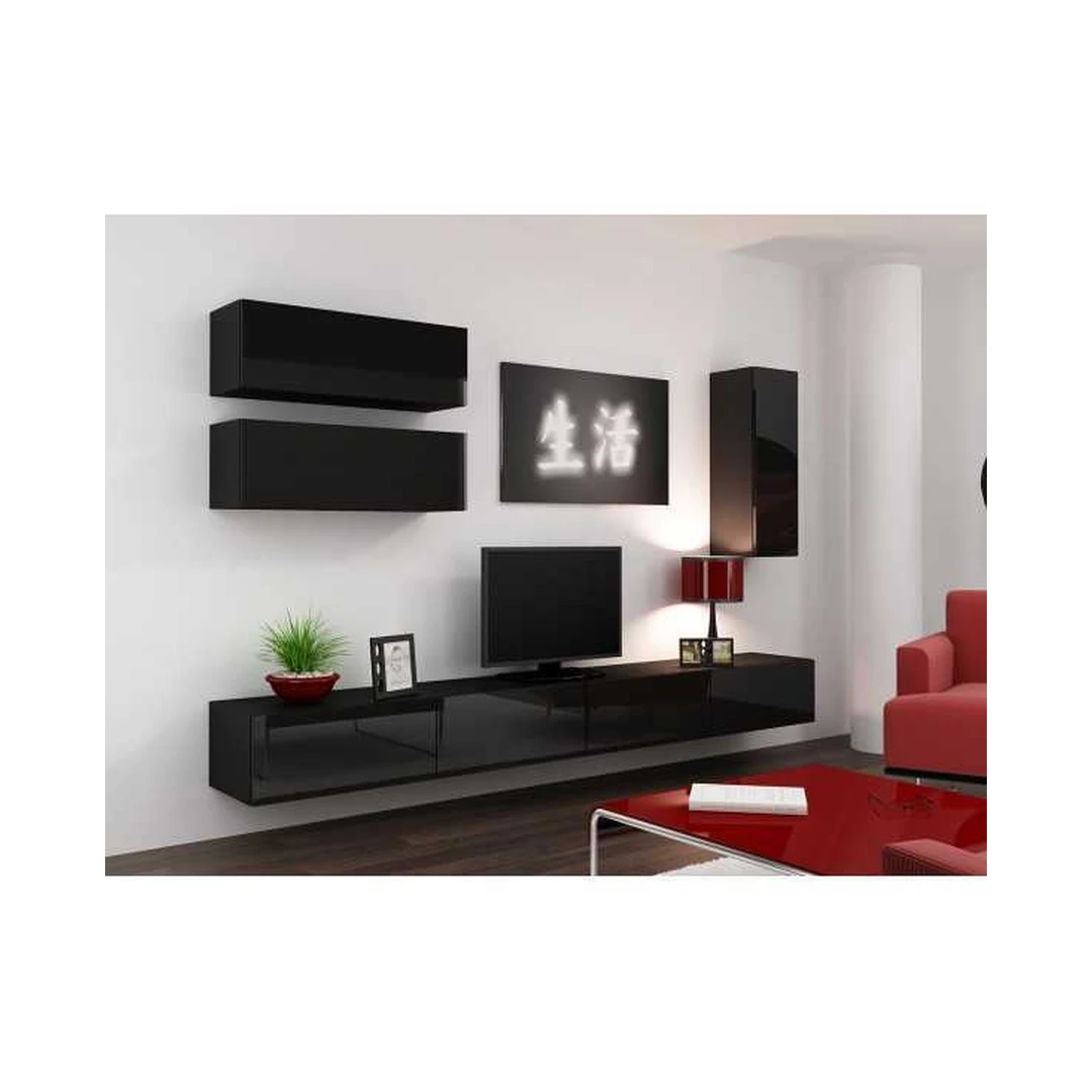 Moderni juoda TV spintelė su vitrinomis