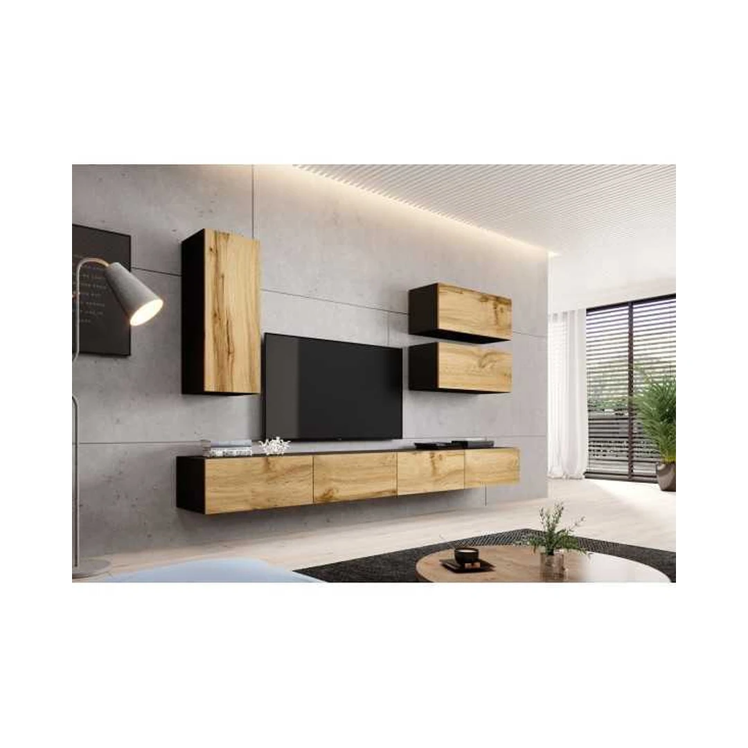 Moderni juoda TV spintelė su ąžuolo detalėmis