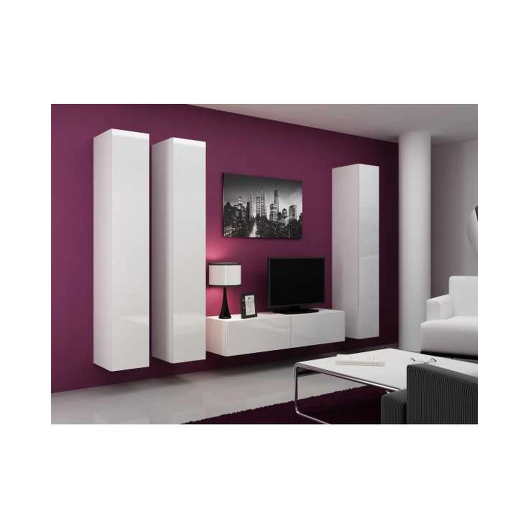 Moderni RTV ir vertikalių spintelių komplektas baltomis spalvomis