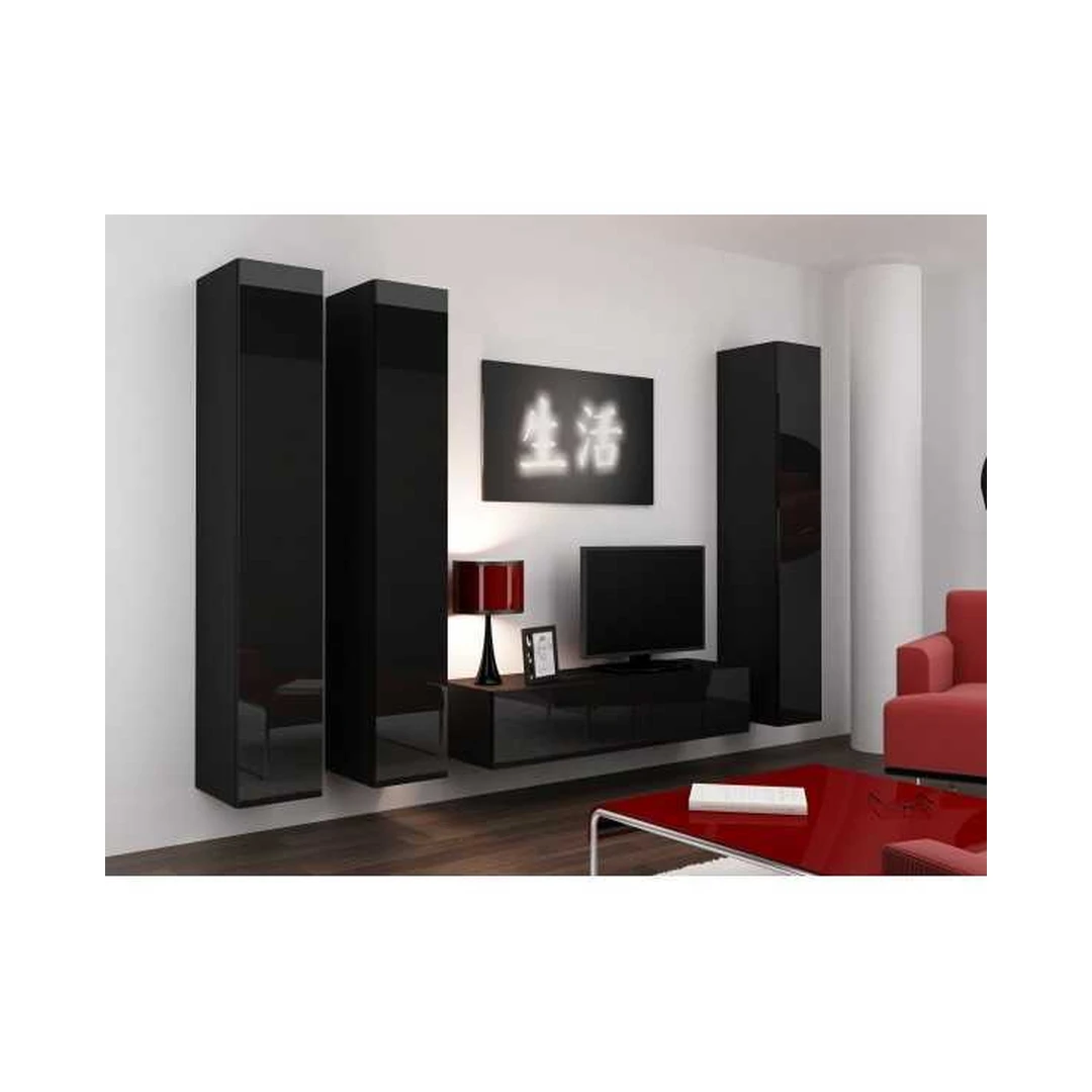 Moderni juoda TV spintelė su vitrinomis VIGO