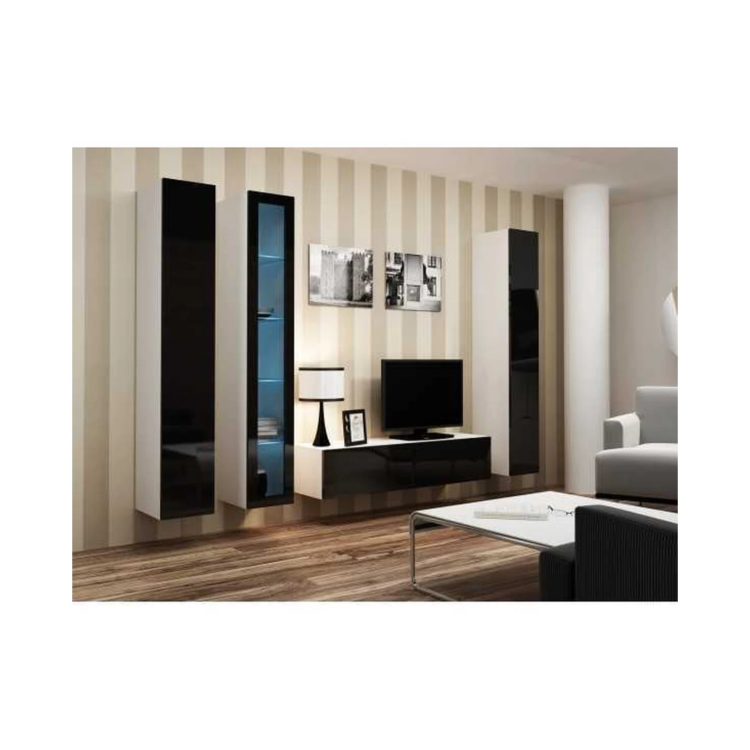 Moderni juoda ir balta TV spintelė su vitrinomis