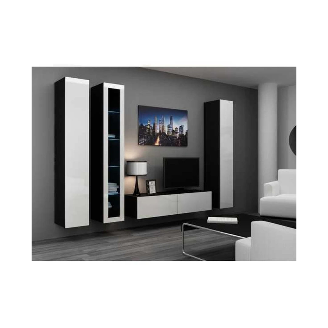 Moderni juoda ir balta TV spintelė su vitrinomis