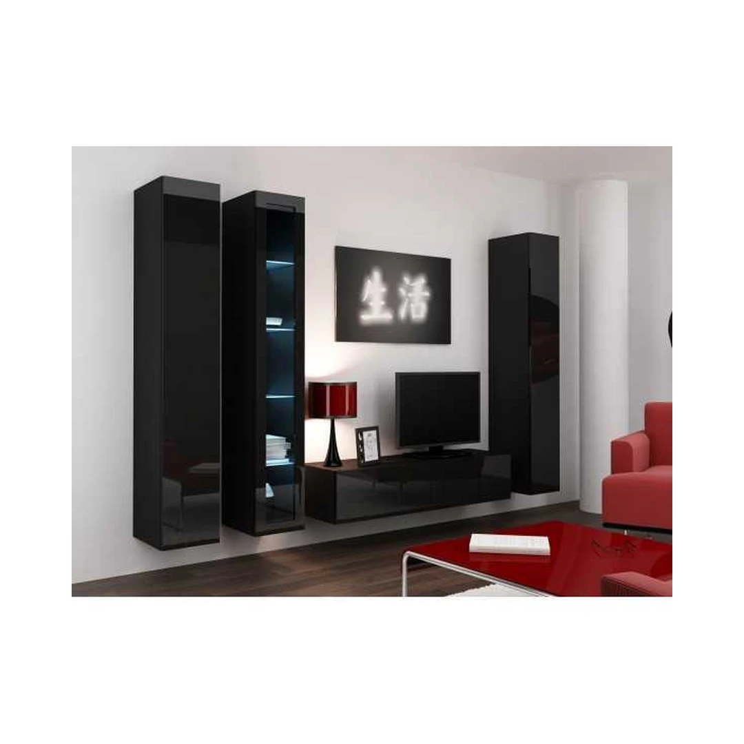 Moderni juoda TV spintelė su vitrinomis ir LED apšvietimu