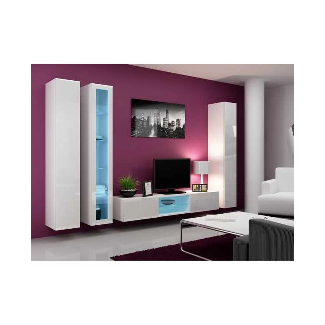Moderni balta vitrinų ir TV spintelės sistema su LED apšvietimu